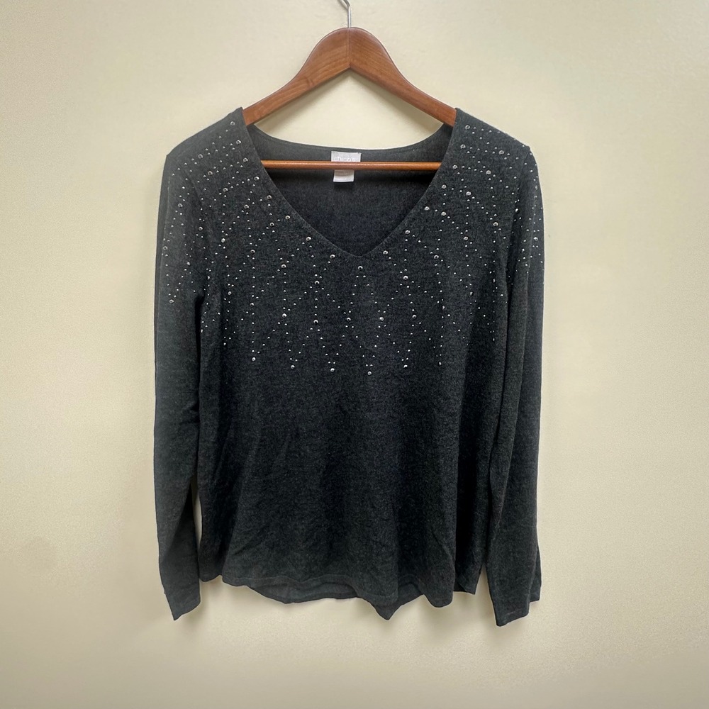 Chicos Women Gray Rhinestone V-Neck Long Sleeve Sweater Size 2 L Large Pullover